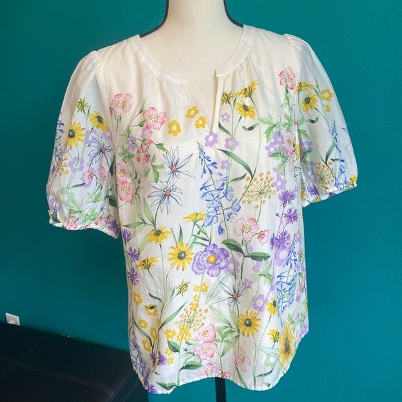 Talbots Petite Cream Floral Cotton Lined Blouse Women's Large Petite - Picture 6 of 8